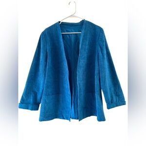 Vintage blue leather suede blazer collarless jacket